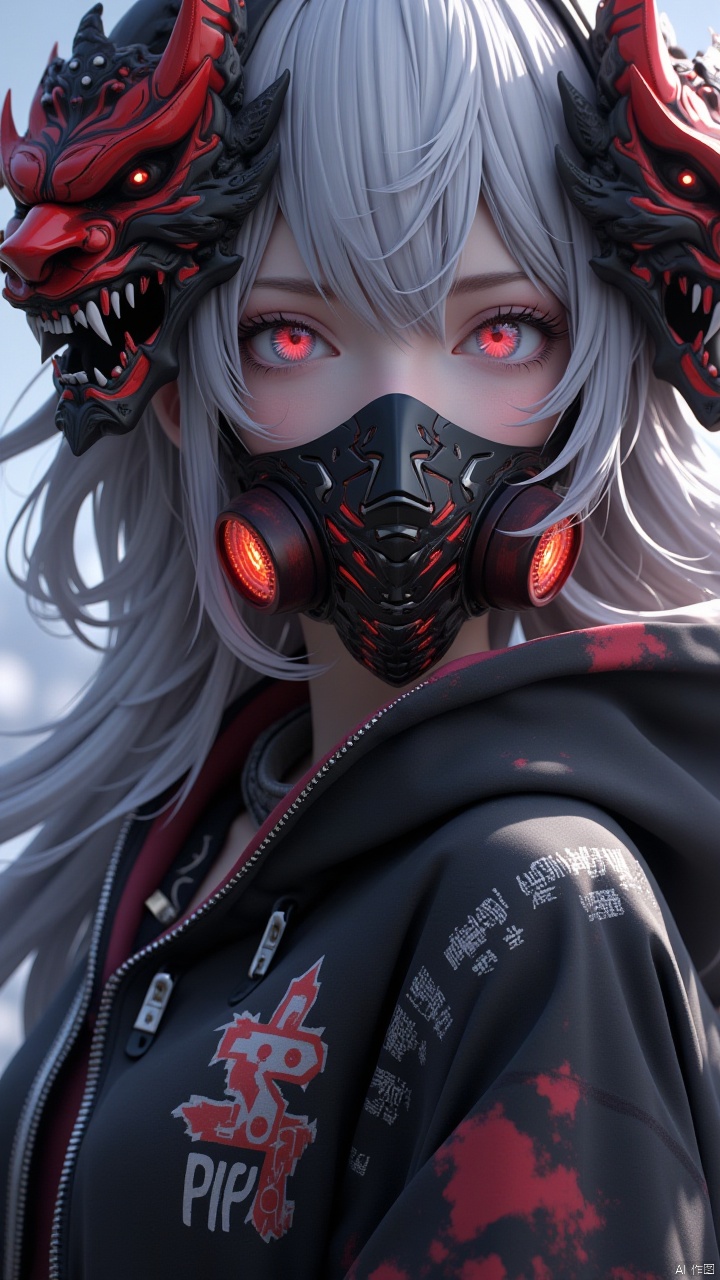 Masterpiece, best quality, amazing details, CG,1girl,Solo, ghost face style red and black gas mask, red ghost face mask on the side, red and black devil horns, long hair, looking at the camera, slanted side, close-up, red eye, jacket, bangs, wearing hood, hair between eyes, upper body, snow, clothing writing, white hair, hooded jacket, glowing, floating hair, zipper, glowing eyes, black jacket, outdoor,