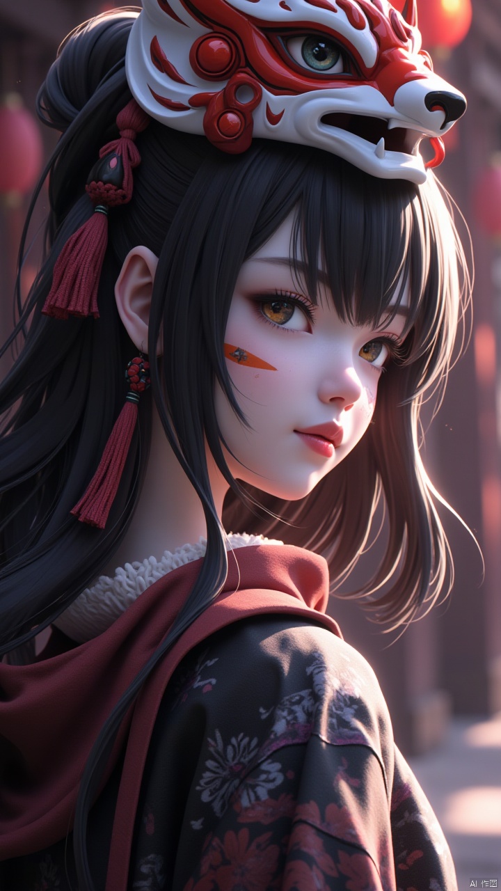 Masterpiece, best quality, amazing details,CG,1girl,solo, sideways, upper body, close-up, looking at the audience, long hair, brown eyes, lips, facial painting, fox mask on the head, facial markers, blurred background, closed mouth, tassels, red lips, backlight, depth of field, traditional costume, looking sideways, nose, bangs