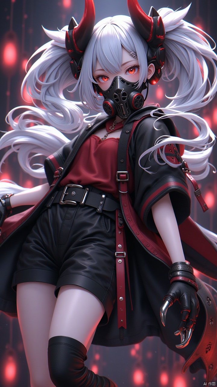 Masterpiece, best quality, amazing details, CG,1girl,red eyes, long hair, thighs, solo, looking at the camera, gas mask, horns, black thighs, shorts, belt, standing, looking up perspective, bangs, short sleeves, white hair, gloves, black shorts, floating hair, big chest, metal claws, shirt,