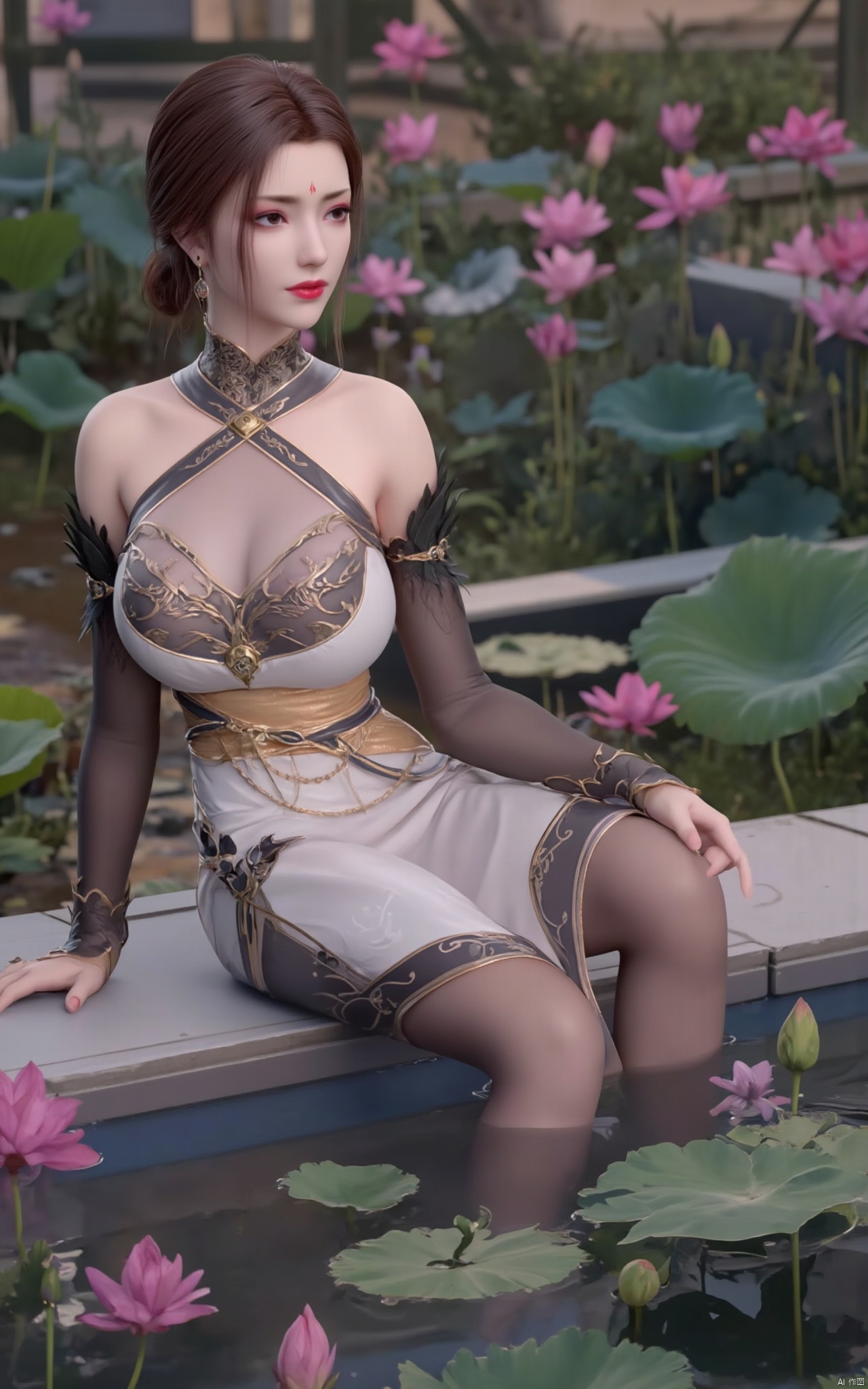 Masterpiece, the best quality, high quality,1girl,(huge breasts:1.59),(A pond full of pink lotus flowers:1.39),Xhaiqinyan,Xlimuwan,Xqingege,Xxiaoyixian,Xyafei,XQhanfu