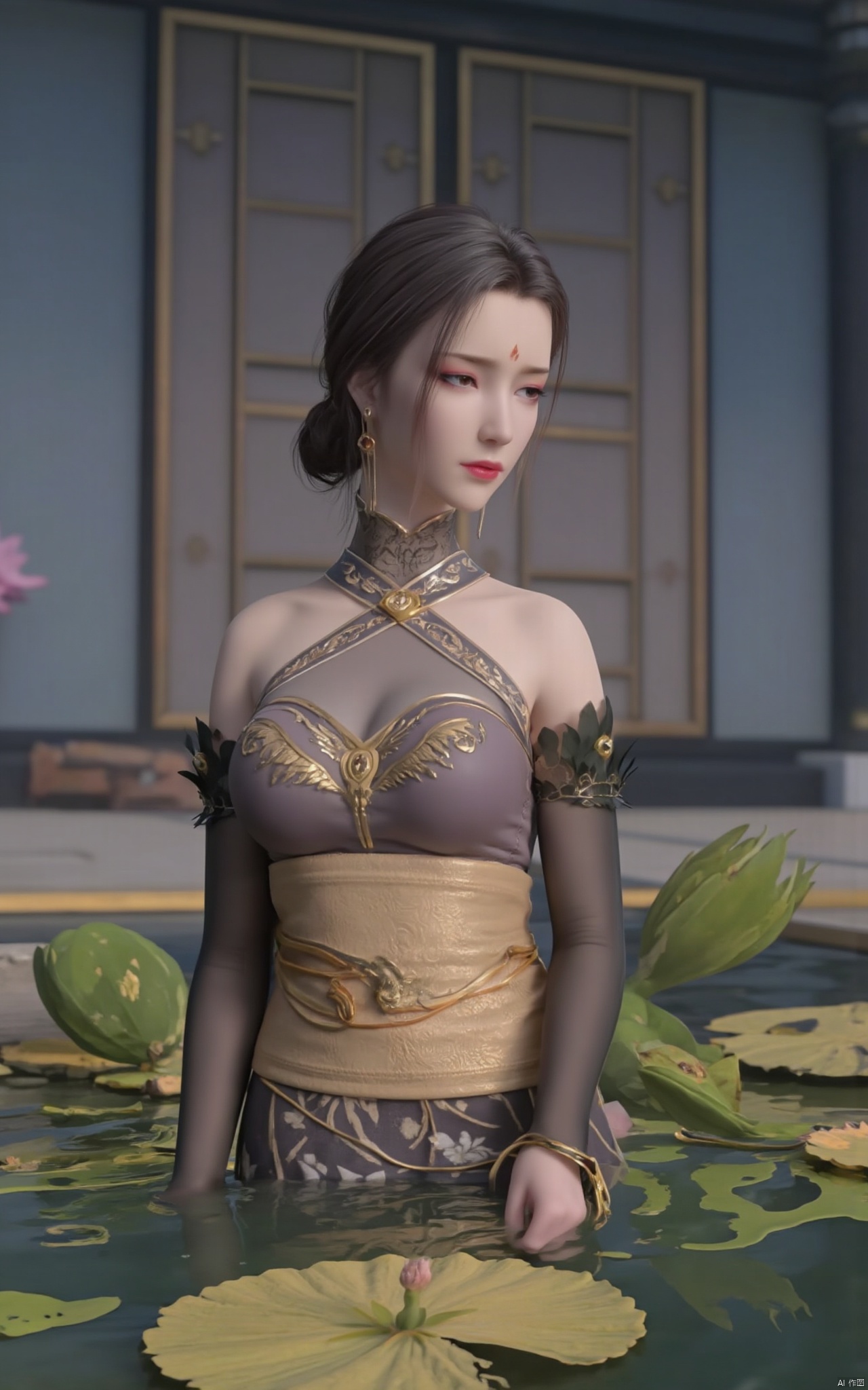 Masterpiece, the best quality, high quality,1girl,(huge breasts:1.59),(A pond full of pink lotus flowers:1.39),Xhaiqinyan,Xlimuwan,Xxiaoyixian,Xyafei,XMGqipao,Xxueshifu