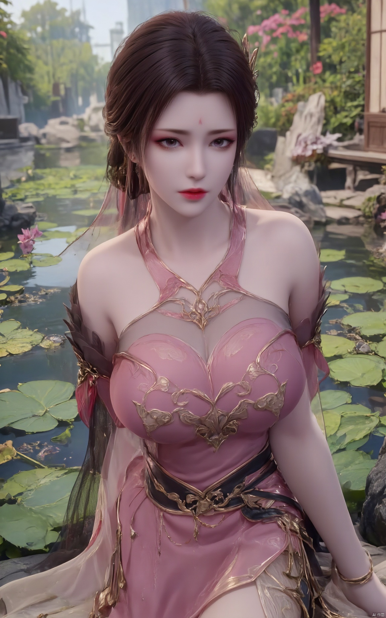 Masterpiece, the best quality, high quality,1girl,(huge breasts:1.59),(A pond full of pink lotus flowers:1.39),Xxiaoyixian,Xyafei,XMGqipao,Xxueshifu,XyunxiPVC,Xdunhuangfeitian
