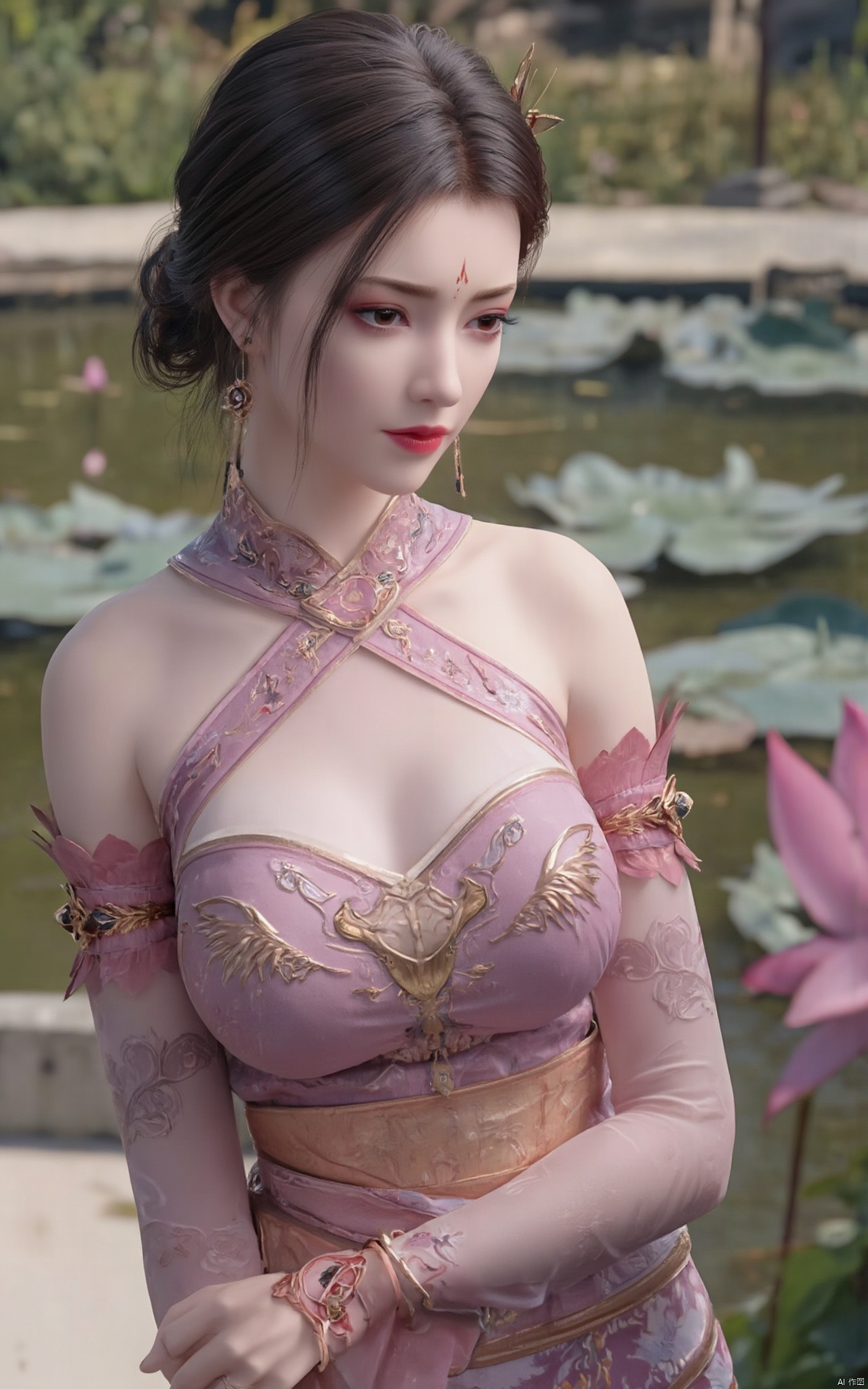 Masterpiece, the best quality, high quality,1girl,(huge breasts:1.59),(A pond full of pink lotus flowers:1.39),Xhaiqinyan,Xlimuwan,Xqingege,Xxiaoyixian,Xyafei,XQhanfu