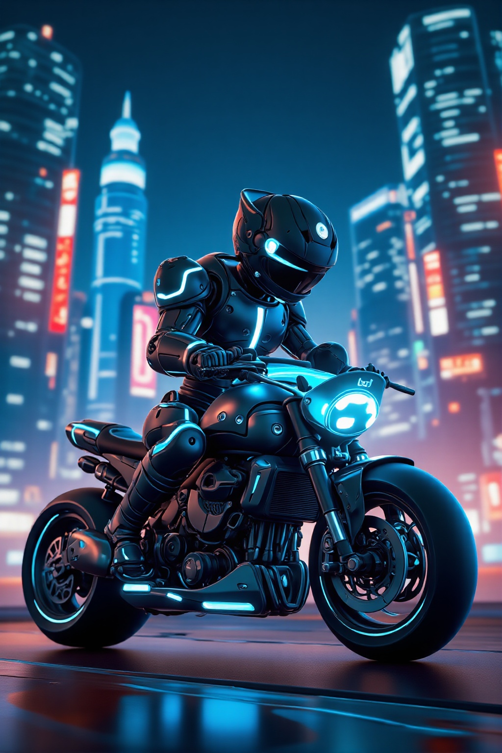 A photograph of a futuristic robot,  sleek metallic body with glowing blue accents,  riding a high-tech motorcycle on Tens...