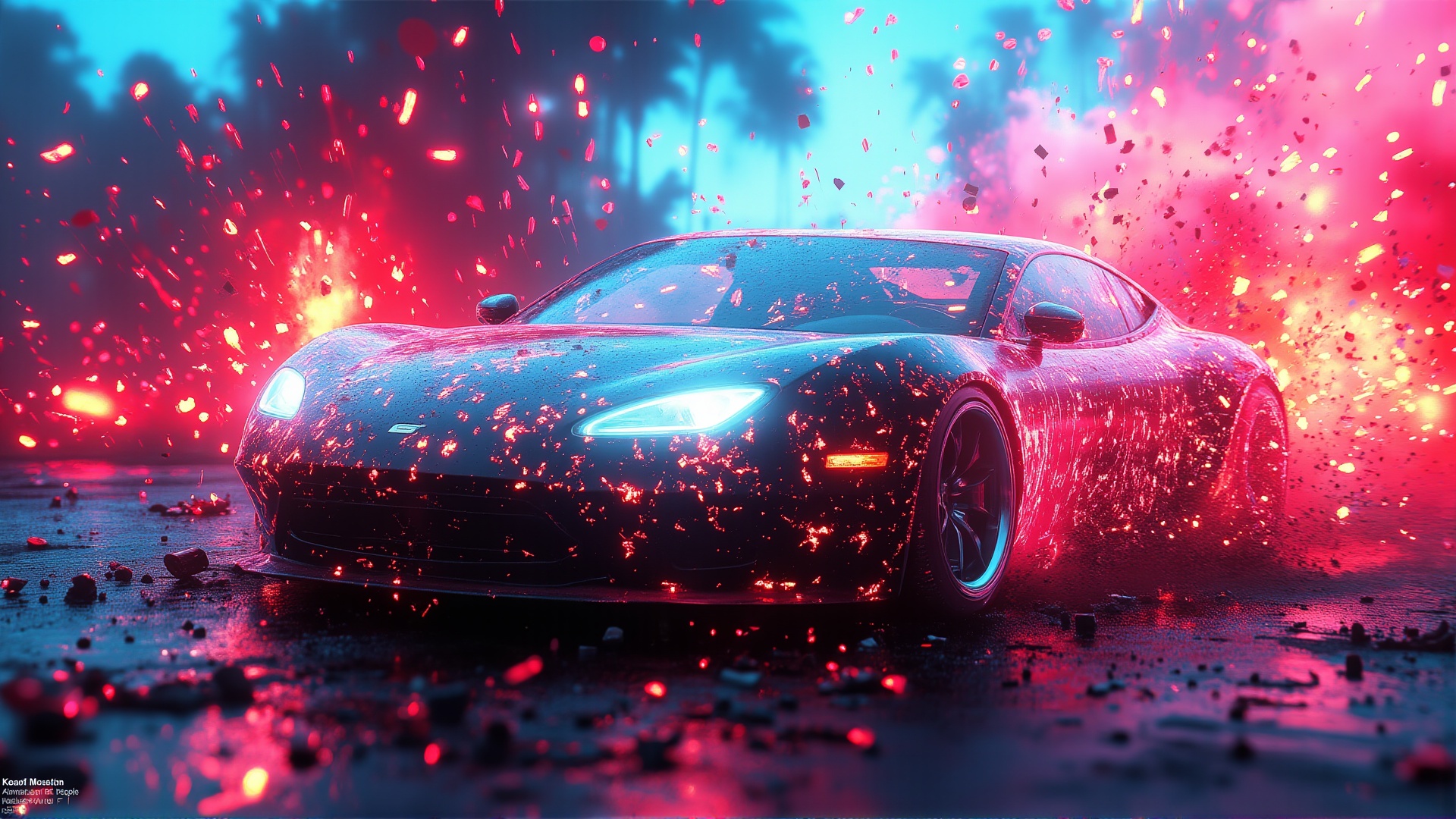 Create a vibrant illustration from a front view of a sleek,  unbranded car drifting mid-action,  with no logos on Tensor.Art