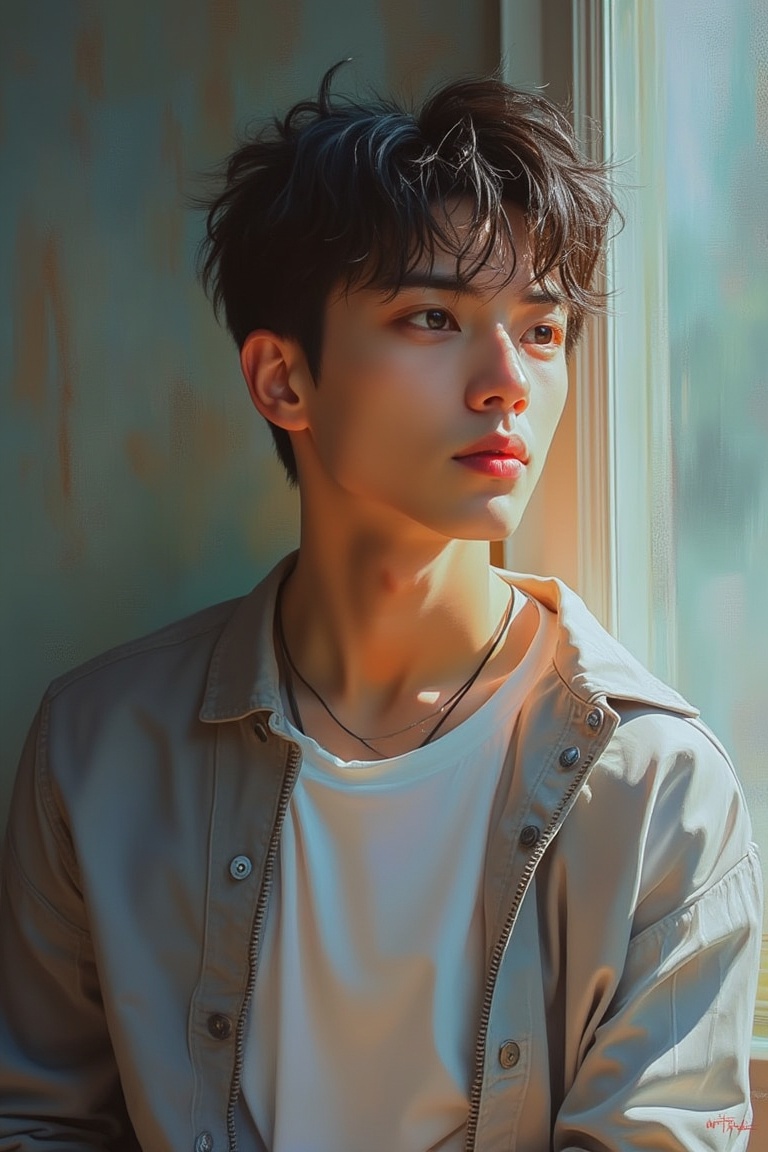 Yanjun Cheng style painting of a man in close-up,  wearing casual wear. The scene is softly lit with natural light,  highl...