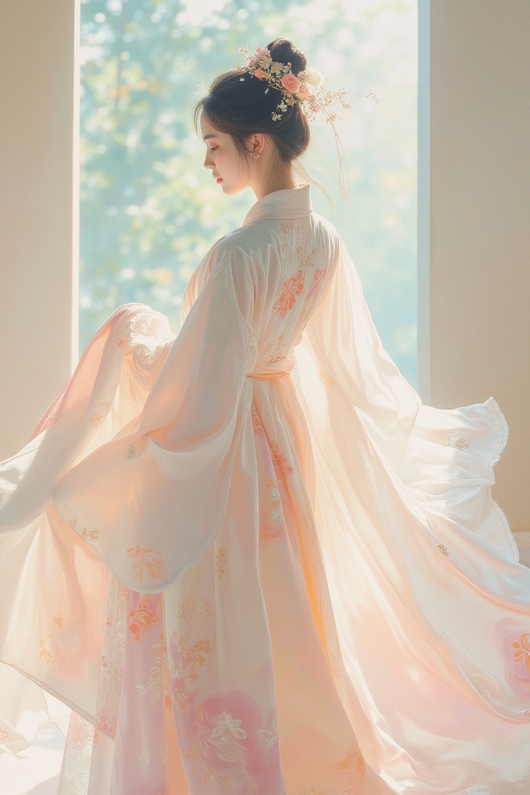 Yanjun Cheng style painting of a hanfu-wearing figure,  standing gracefully in a serene,  flowy hanfu. The scene is softly...