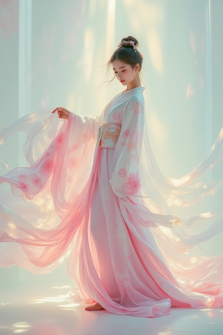 Yanjun Cheng style painting of a hanfu-wearing figure,  standing gracefully in a serene,  flowy hanfu. The scene is softly...