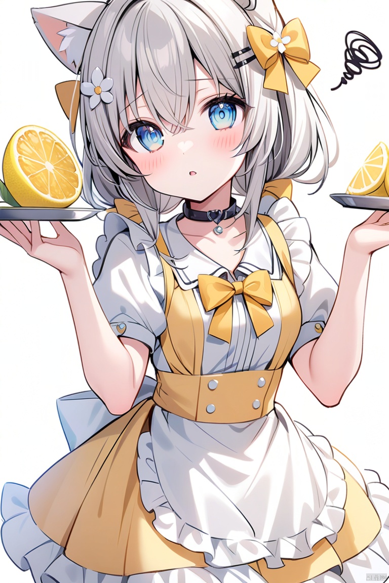 1girl, solo, long hair, looking at viewer, blush, bangs, blue eyes, simple background, hair ornament, white background, dress, bow, holding, animal ears, hair between eyes, flower, white hair, short sleeves, hair bow, grey hair, parted lips, food, hairclip, puffy sleeves, hair flower, apron, puffy short sleeves, hands up, fruit, flying sweatdrops, white flower, white apron, yellow bow, yellow dress, squiggle, lemon
