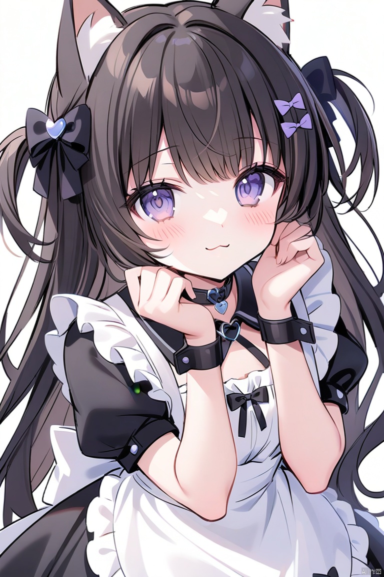 1girl, solo, long hair, looking at viewer, blush, smile, bangs, simple background, brown hair, black hair, hair ornament, white background, dress, ribbon, animal ears, brown eyes, jewelry, very long hair, closed mouth, purple eyes, hair ribbon, short sleeves, heart, earrings, frills, choker, hairclip, puffy sleeves, cat ears, apron, black dress, puffy short sleeves, animal ear fluff, wrist cuffs, maid, hands up, black ribbon, :3, black choker, own hands together, cat girl, white apron, maid apron, frilled apron, collared dress
