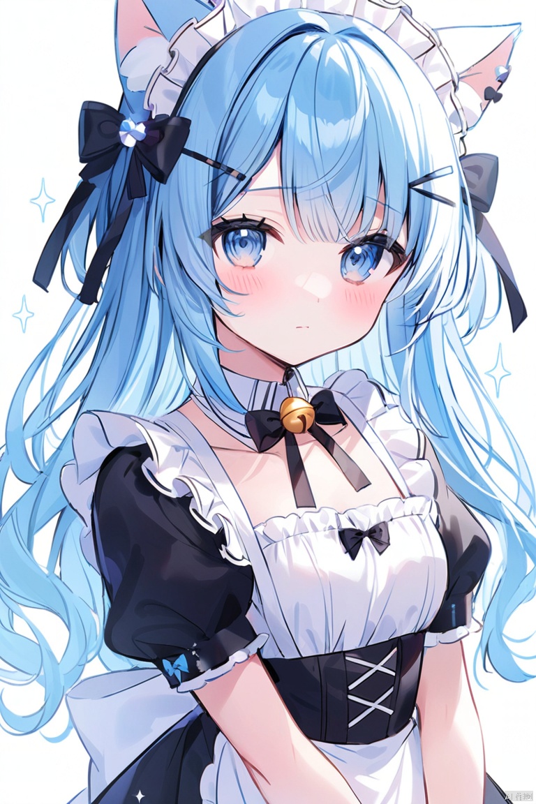 1girl, solo, long hair, looking at viewer, blush, bangs, blue eyes, simple background, hair ornament, white background, dress, bow, ribbon, animal ears, closed mouth, blue hair, upper body, frills, hairclip, cat ears, apron, black dress, collar, maid, maid headdress, sparkle, bell, detached collar, white apron, jingle bell, neck bell, maid apron, white collar