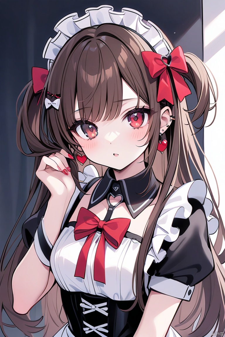 1girl, red_nails, nail_polish, solo, bow, red_bow, long_hair, brown_hair, earrings, hair_bow, short_sleeves, nail_art, multicolored_nails, jewelry, heart, puffy_short_sleeves, looking_at_viewer, holding_hair, red_eyes, upper_body, maid, maid_headdress