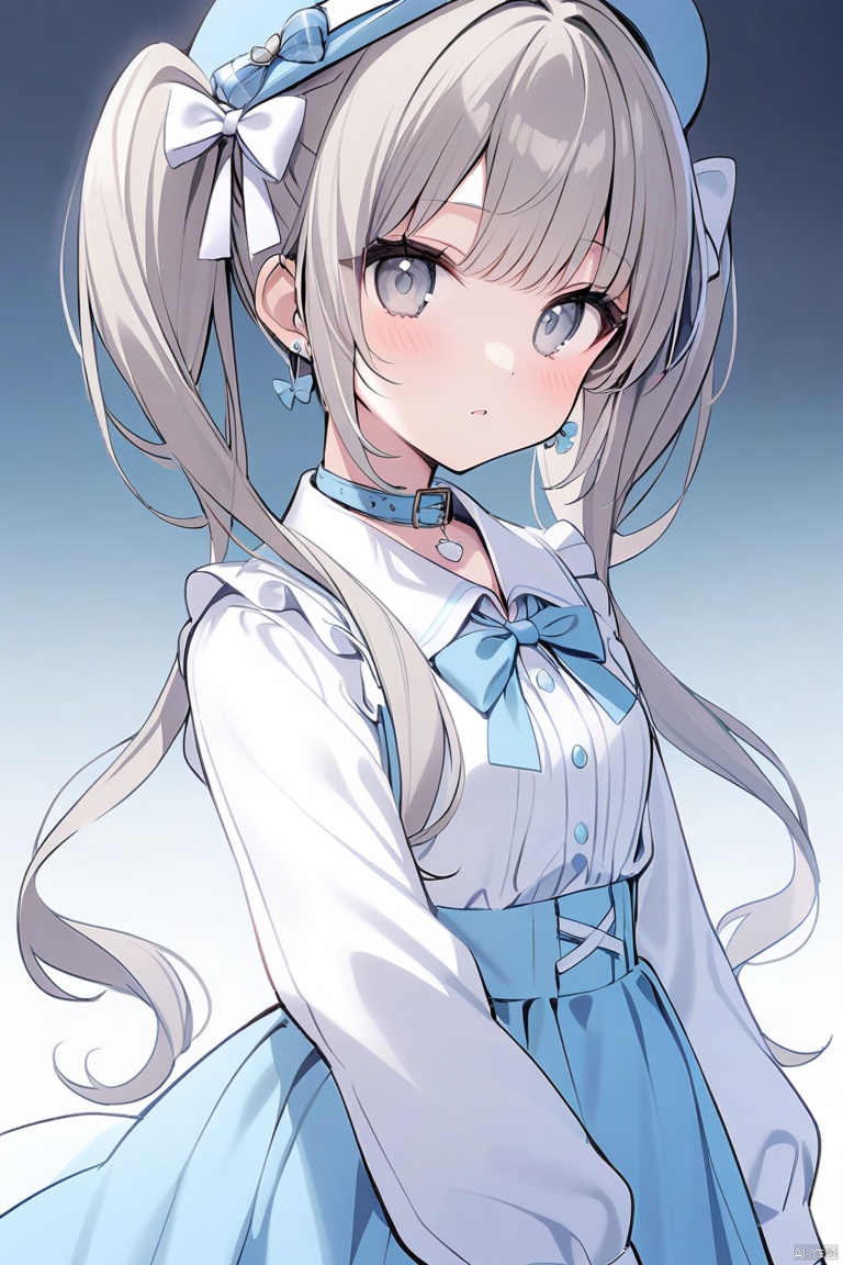 1girl, bow, hat, gradient, white_bow,gradient_background, solo, twintails, hair_bow, long_hair, flower_earrings, grey_eyes
