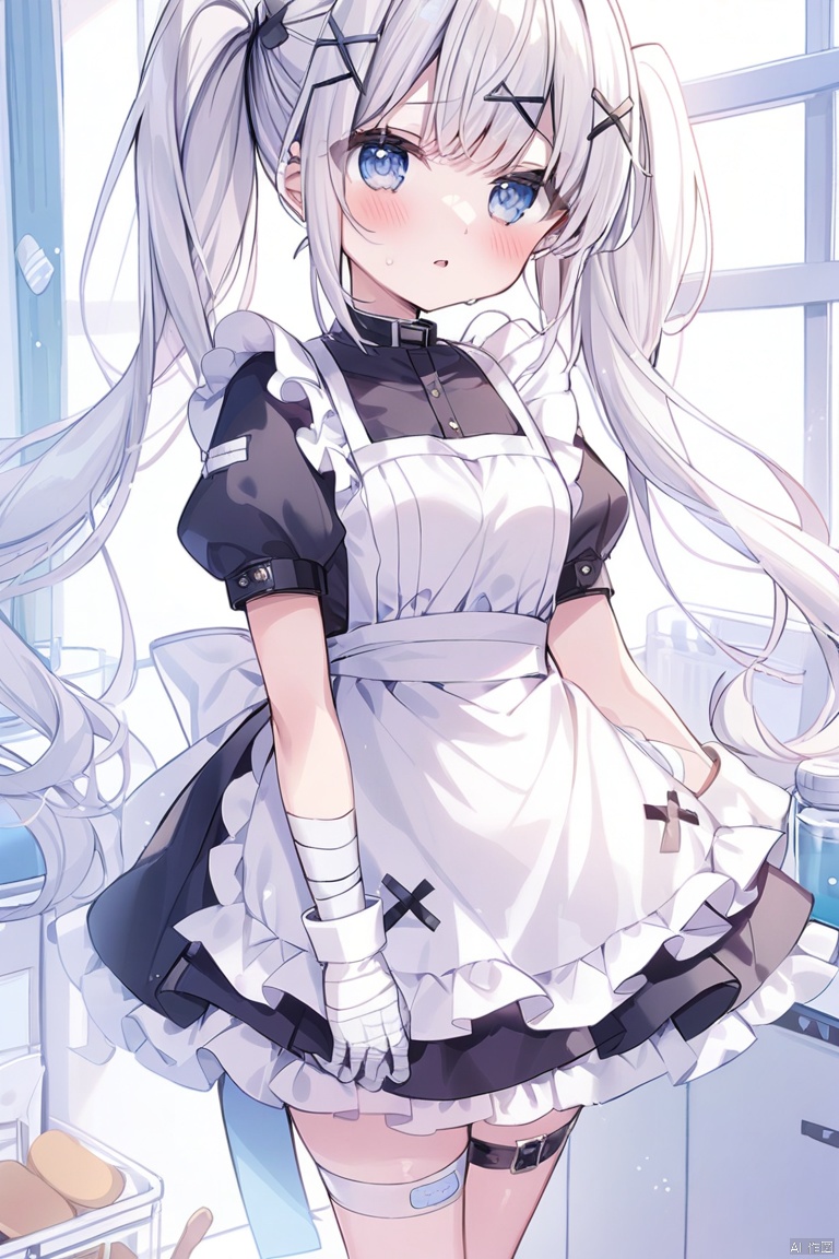 1girl, bandages, bandaged_arm, apron, hair_ornament, twintails, bandaid, bandaged_hand, long_hair, solo, white_apron, dress, short_sleeves, blush, puffy_sleeves, parted_lips, very_long_hair, bandaged_leg, gloves, x_hair_ornament, white_gloves, puffy_short_sleeves, blue_eyes