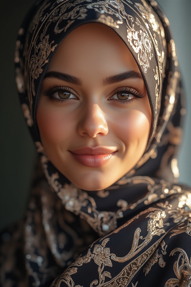 High detail close-up shot of a Malay woman wearing a stylish hijab,  known as a hijabista. The composition focuses on her...
