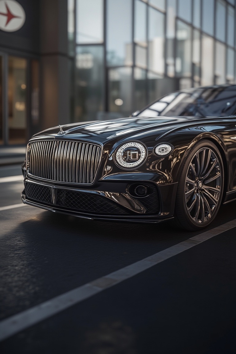 Hyper-realistic shot of a luxury car on the road,  captured in a dynamic angle. The composition is a wide shot,  showcasin...