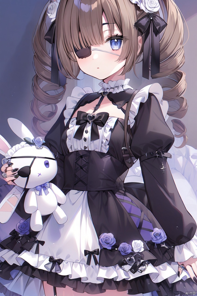1girl, eyepatch, drill_hair, stuffed_toy, stuffed_animal, stuffed_bunny, twin_drills, rose, looking_at_viewer, rose_print, ring, lolita_fashion, black_nails, white_rose, long_hair, flower, brown_hair, frills, medical_eyepatch, jewelry, solo, gothic_lolita