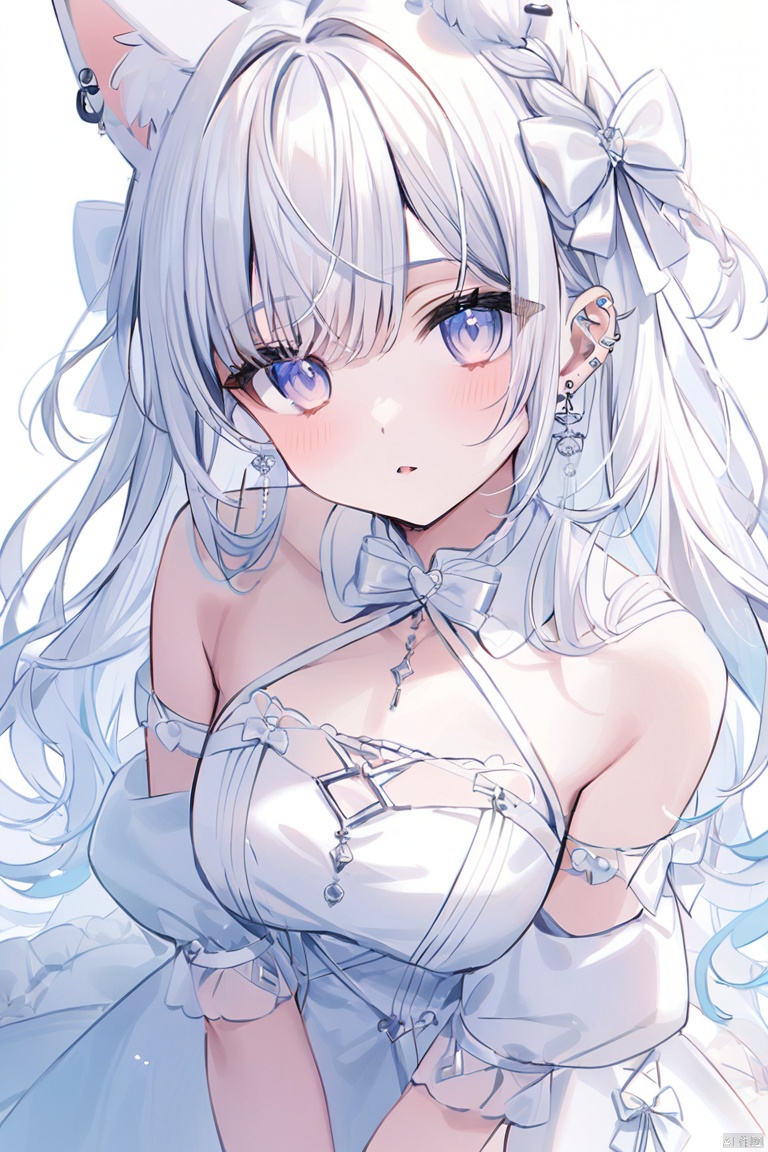 1girl, jewelry, solo, earrings, bow, long_hair, white_bow, piercing, gloves, braid, ear_piercing, white_gloves, hair_bow, white_dress, simple_background, mole, looking_at_viewer, parted_lips, bare_shoulders, dress, animal_ears