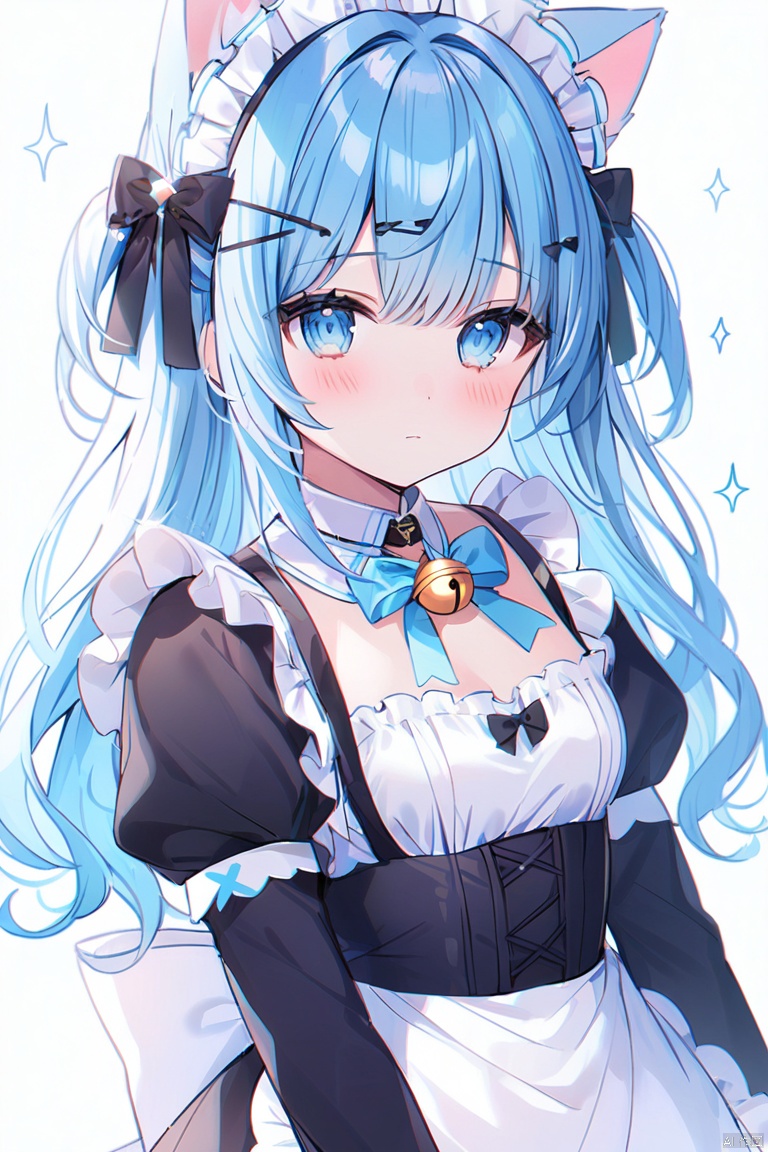 1girl, solo, long hair, looking at viewer, blush, bangs, blue eyes, simple background, hair ornament, white background, dress, bow, ribbon, animal ears, closed mouth, blue hair, upper body, frills, hairclip, cat ears, apron, black dress, collar, maid, maid headdress, sparkle, bell, detached collar, white apron, jingle bell, neck bell, maid apron, white collar