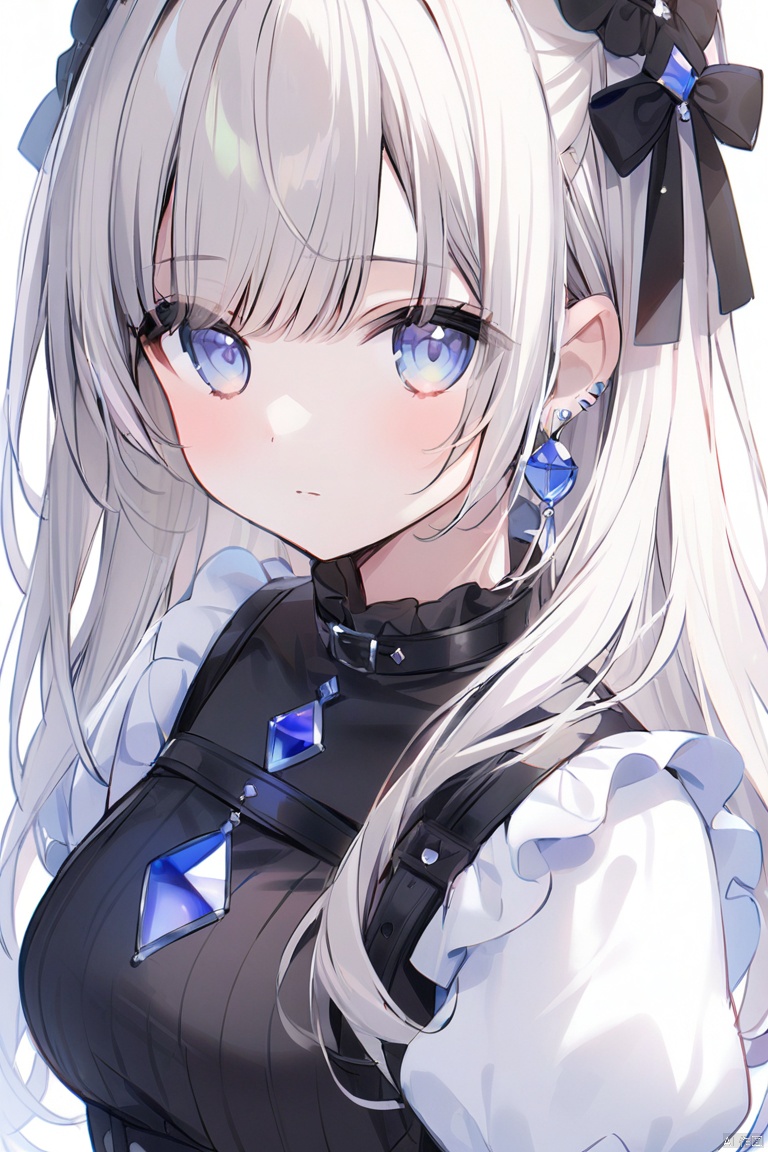 1girl, solo, earrings, long_hair, jewelry, bangs, puffy_sleeves, simple_background, closed_mouth, looking_at_viewer, white_background, medium_breasts, eyebrows_visible_through_hair, breasts, upper_body