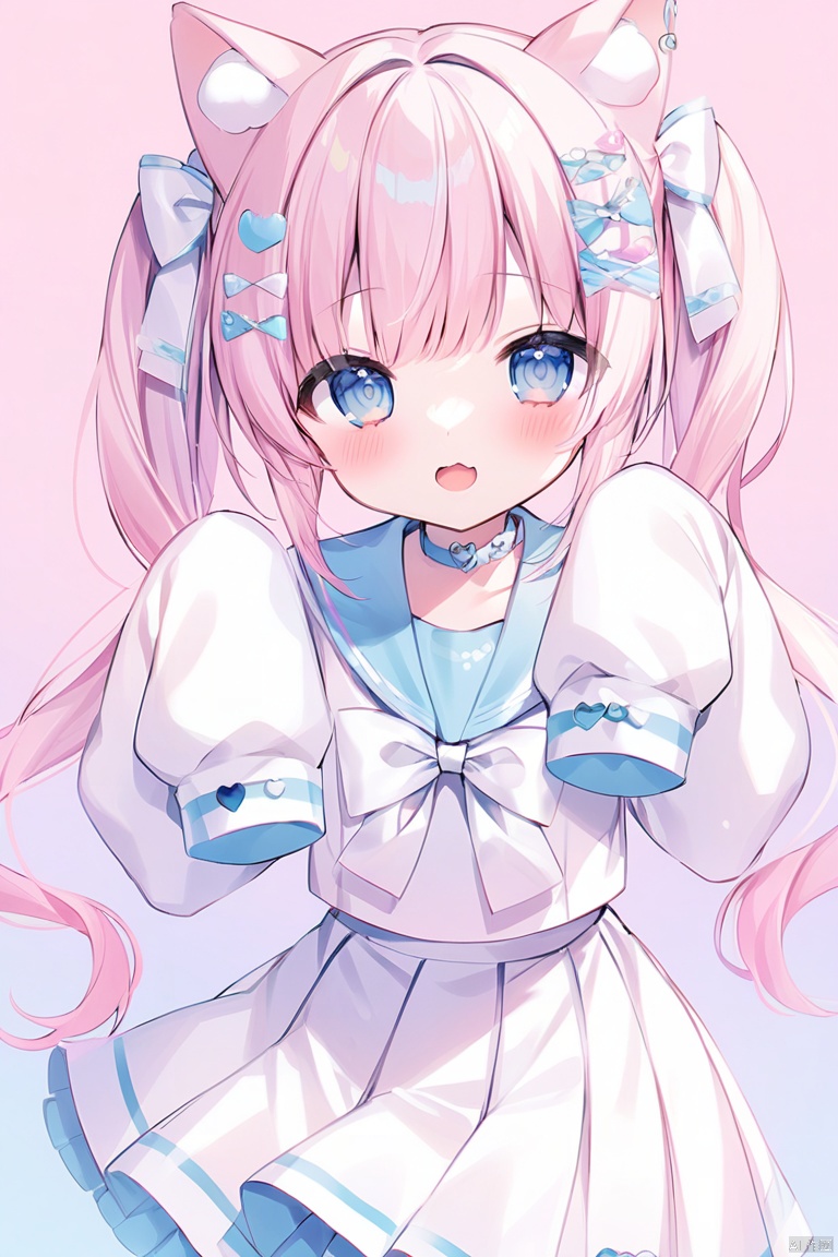 heart, 1girl, bow, white_bow, sleeves_past_fingers, sleeves_past_wrists, twintails, gradient, gradient_background, solo, virtual_youtuber, sailor_collar, long_hair, pink_background, hair_ornament, animal_ears, looking_at_viewer, skirt, open_mouth