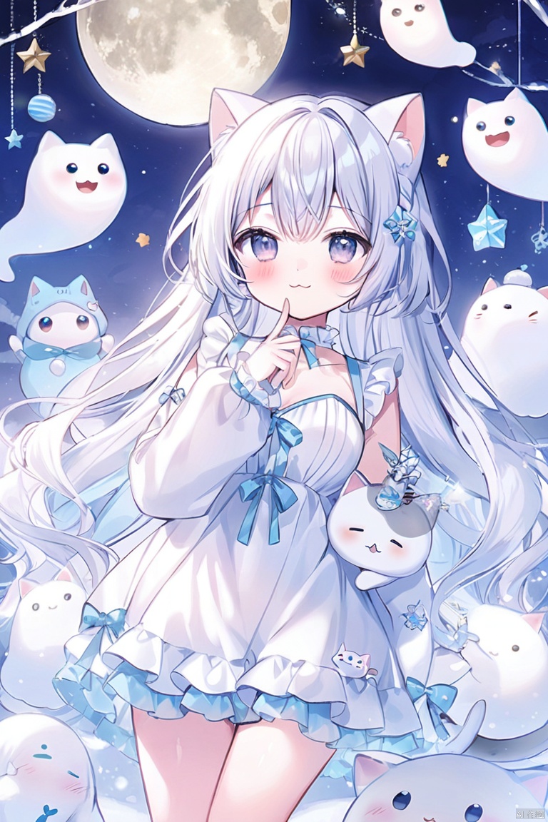 cat, 1girl, snowman, bunny, animal, tippy_\(gochiusa\), creature, white_cat, long_hair, moon, boo_\(mario\), white_dress, stuffed_cat, ghost, full_moon, rabbit_yukine, seal_\(animal\), medjed_\(fate\), dress, stuffed_animal, frills, star_\(sky\), long_sleeves, angora_rabbit, finger_to_mouth, blush, stuffed_toy, bangs, :3, smile, very_long_hair, breasts, cat_ears