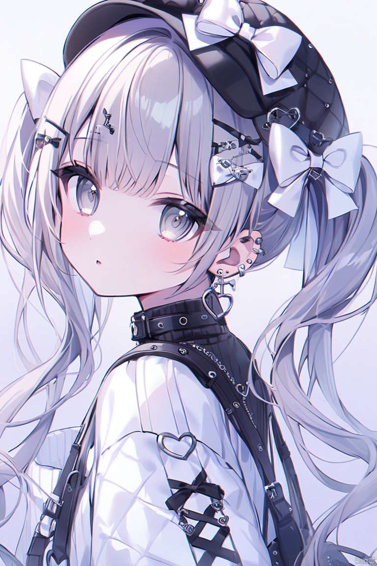 earrings, piercing, jewelry, ear_piercing, 1girl, bow, hat, gradient, white_bow, heart_earrings, cross_earrings, gradient_background, solo, twintails, hair_bow, long_hair, flower_earrings, grey_eyes