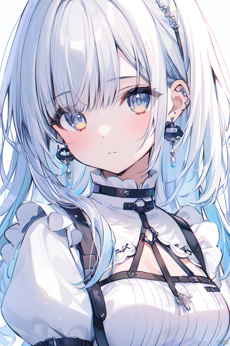 1girl, solo, earrings, long_hair, jewelry, bangs, puffy_sleeves, simple_background, closed_mouth, looking_at_viewer, white_background, medium_breasts, eyebrows_visible_through_hair, breasts, upper_body