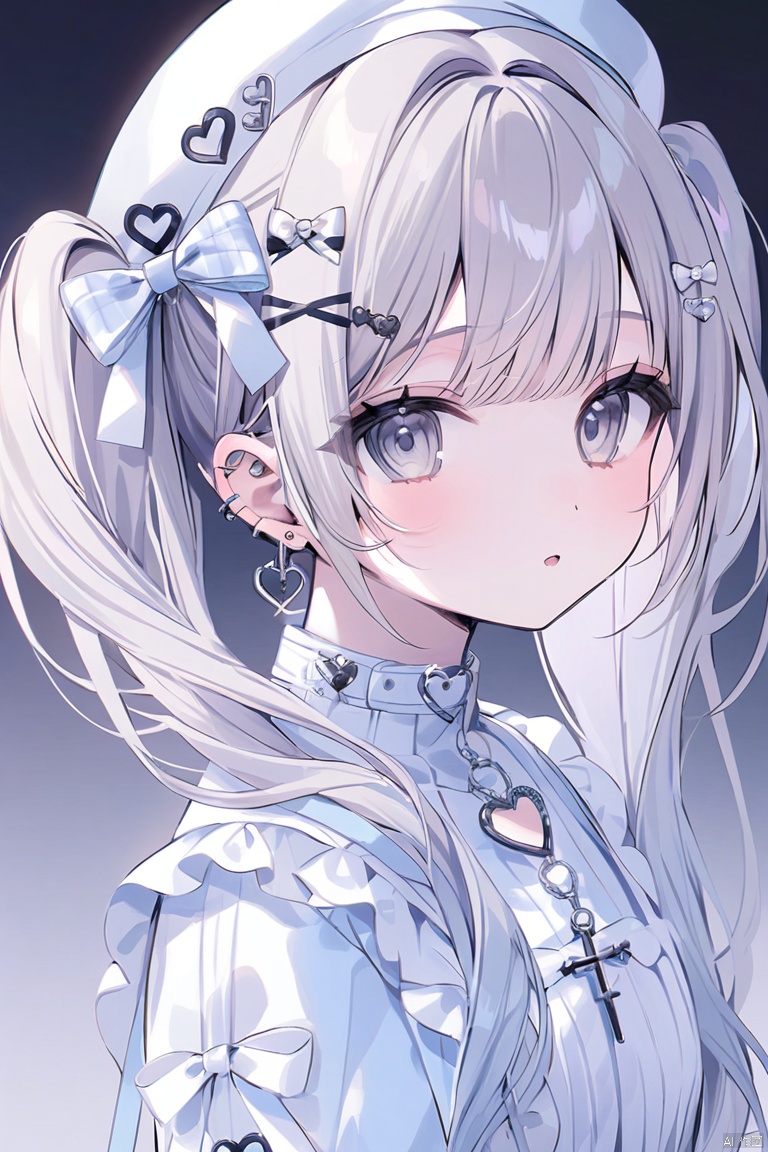 earrings, piercing, jewelry, ear_piercing, 1girl, bow, hat, gradient, white_bow, heart_earrings, cross_earrings, gradient_background, solo, twintails, hair_bow, long_hair, flower_earrings, grey_eyes