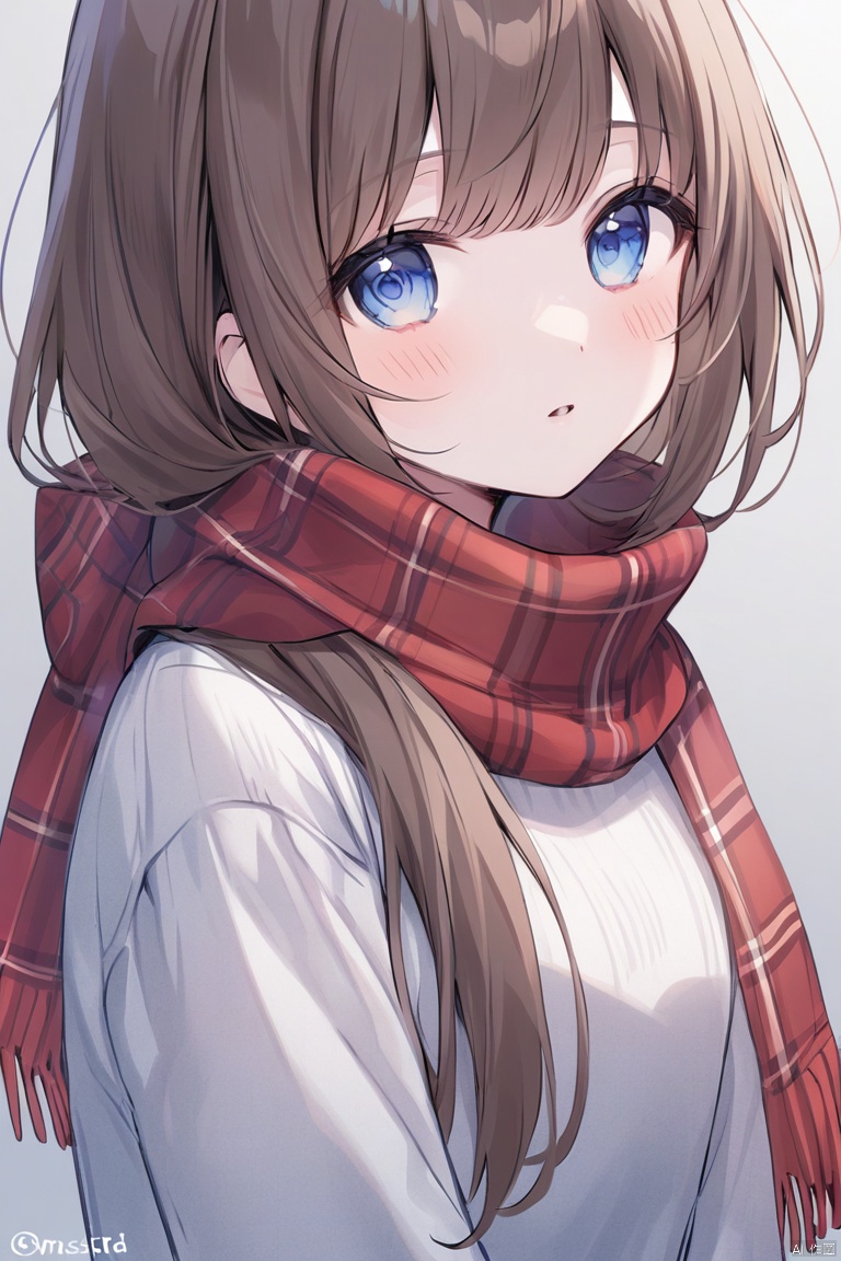 scarf, plaid_scarf, red_scarf, 1girl, plaid, gradient_background, gradient, solo, sleeves_past_wrists, blue_eyes, enpera, parted_lips, twitter_username, long_hair, long_sleeves, brown_hair, grey_background, looking_at_viewer, brown_scarf, bangs, grey_sweater, upper_body, sweater
