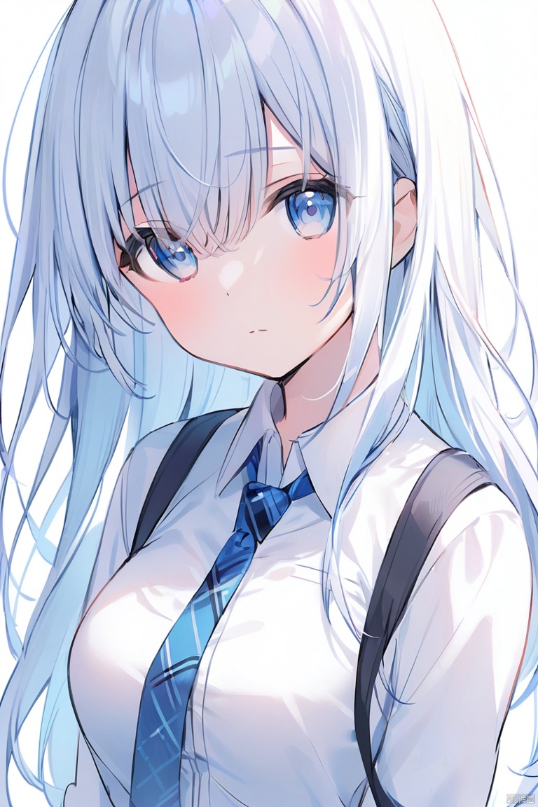 1girl, solo, necktie, long_hair, shirt, blue_eyes, white_shirt, white_background, eyebrows_visible_through_hair, bangs, looking_at_viewer, simple_background, collared_shirt, upper_body, closed_mouth, breasts, hair_between_eyes