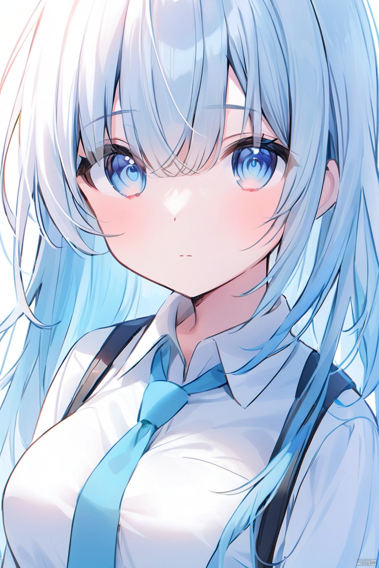 1girl, solo, necktie, long_hair, shirt, blue_eyes, white_shirt, white_background, eyebrows_visible_through_hair, bangs, looking_at_viewer, simple_background, collared_shirt, upper_body, closed_mouth, breasts, hair_between_eyes