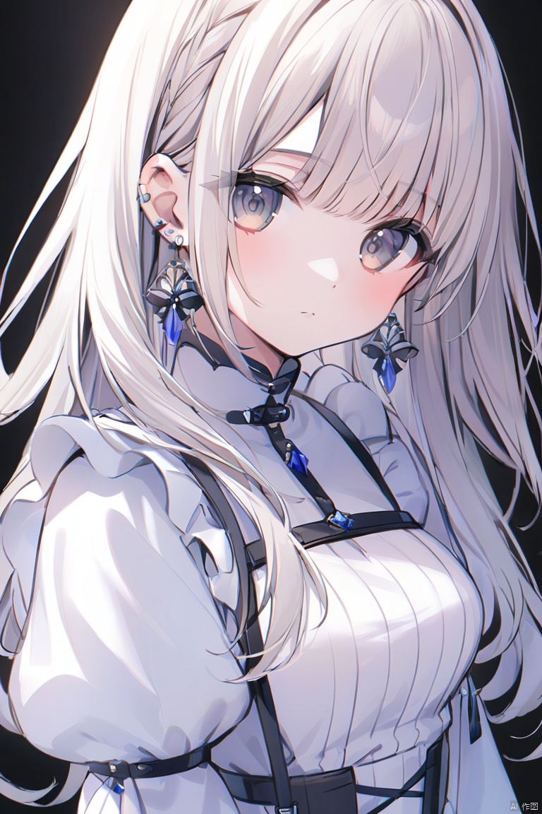 1girl, solo, earrings, long_hair, jewelry, bangs, puffy_sleeves, simple_background, closed_mouth, looking_at_viewer, white_background, medium_breasts, eyebrows_visible_through_hair, breasts, upper_body