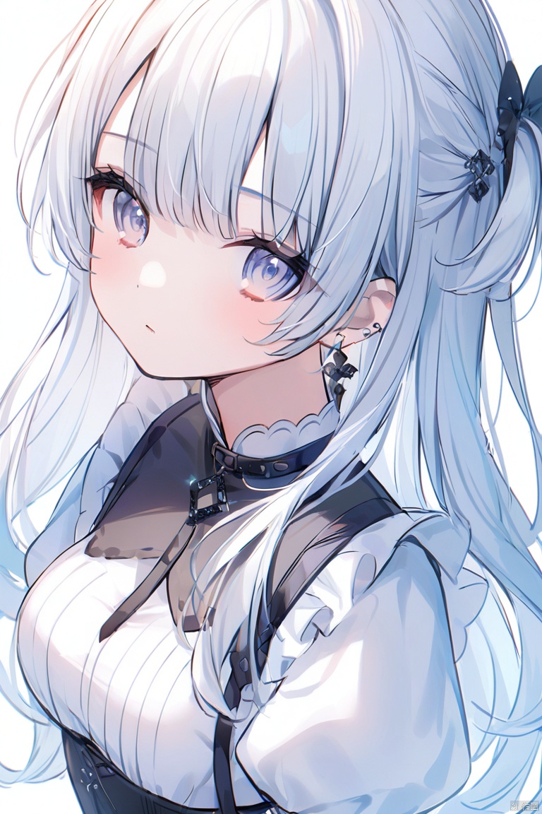 1girl, solo, earrings, long_hair, jewelry, bangs, puffy_sleeves, simple_background, closed_mouth, looking_at_viewer, white_background, medium_breasts, eyebrows_visible_through_hair, breasts, upper_body