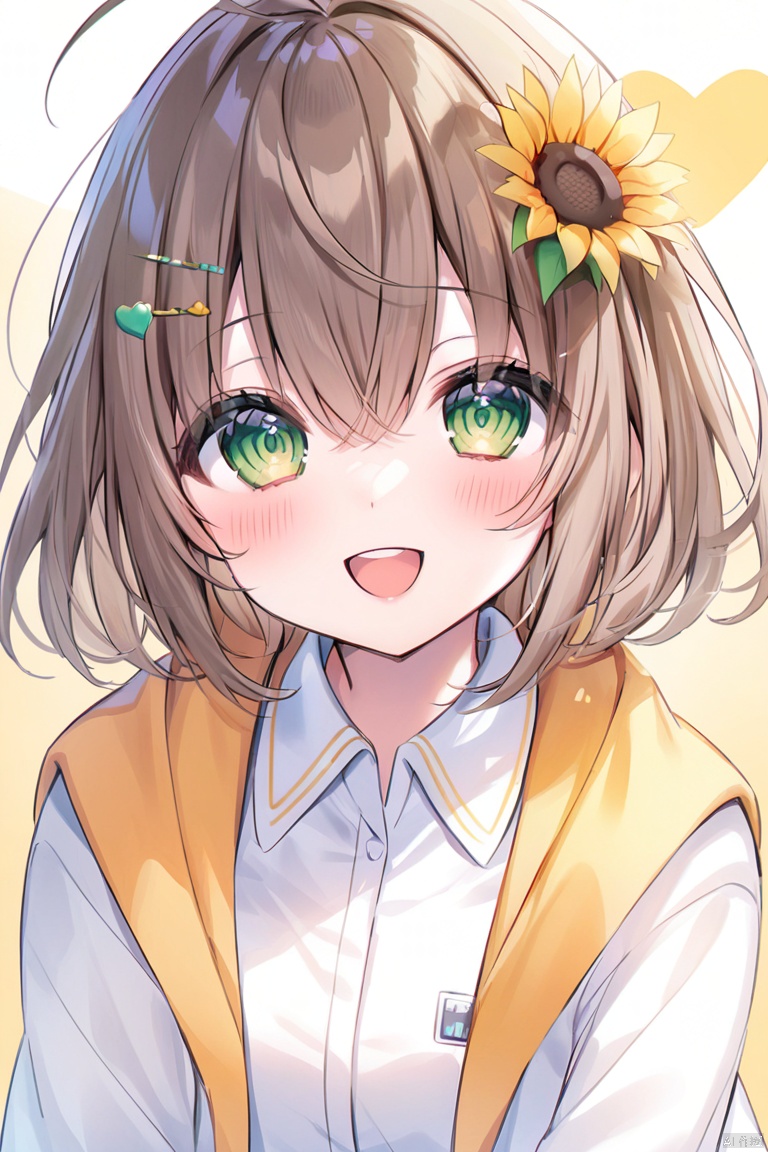 sunflower, virtual_youtuber, flower, sunflower_hair_ornament, hair_ornament, orange_background, 1girl, yellow_background, hair_flower, green_eyes, yellow_flower, ahoge, brown_hair, open_mouth, solo, bangs, collared_shirt, heart, looking_at_viewer, smile, red_bow, white_shirt, eyebrows_visible_through_hair, hairclip, jacket, blush, hair_between_eyes, teeth, medium_hair