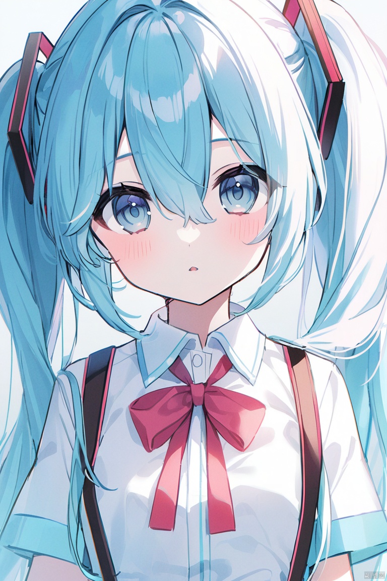 1girl, suspenders, ribbon, solo, twintails, long_hair, hatsune_miku, neck_ribbon, red_ribbon, bangs, looking_at_viewer, shirt, hair_between_eyes