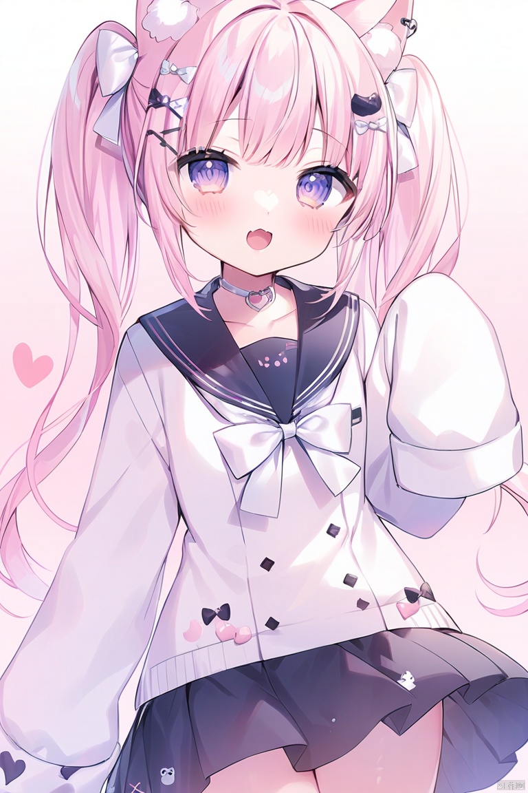 heart, 1girl, bow, white_bow, sleeves_past_fingers, sleeves_past_wrists, twintails, gradient, gradient_background, solo, virtual_youtuber, sailor_collar, long_hair, pink_background, hair_ornament, animal_ears, looking_at_viewer, skirt, open_mouth