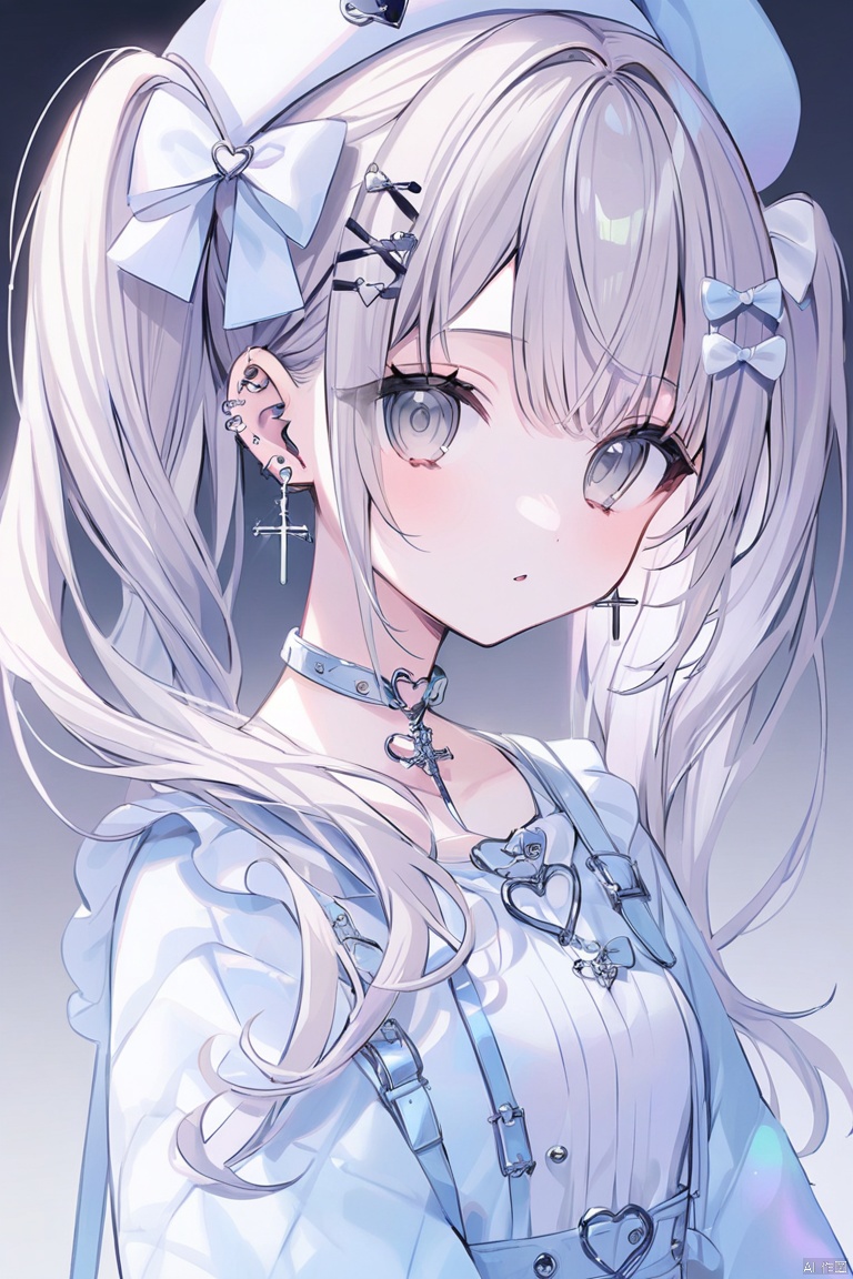 earrings, piercing, jewelry, ear_piercing, 1girl, bow, hat, gradient, white_bow, heart_earrings, cross_earrings, gradient_background, solo, twintails, hair_bow, long_hair, flower_earrings, grey_eyes

