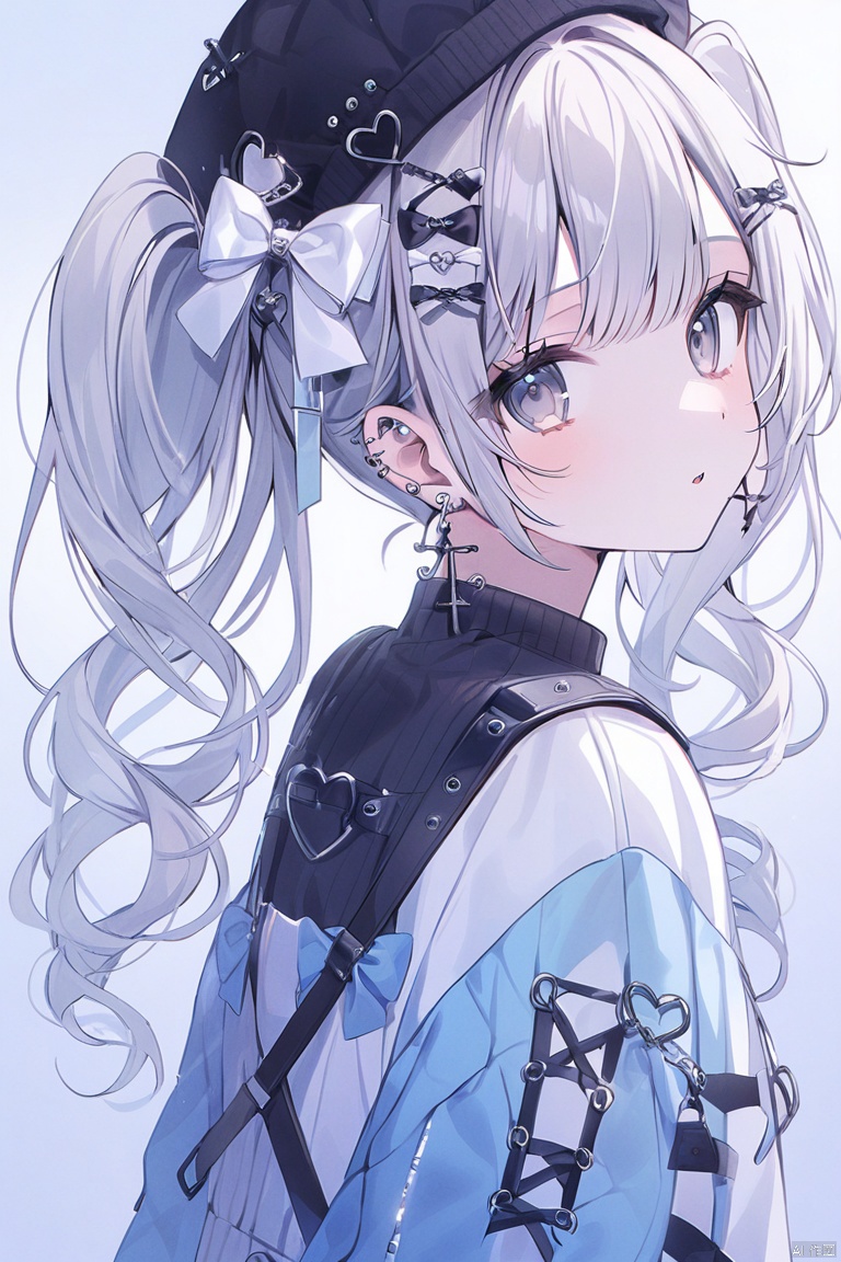 earrings, piercing, jewelry, ear_piercing, 1girl, bow, hat, gradient, white_bow, heart_earrings, cross_earrings, gradient_background, solo, twintails, hair_bow, long_hair, flower_earrings, grey_eyes

