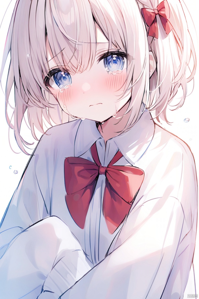 1girl, sleeves_past_wrists, tears, solo, bow, red_bow, blue_eyes, collared_shirt, white_background, crying_with_eyes_open, bangs, long_sleeves, closed_mouth, looking_at_viewer, blush, shirt, crying, white_shirt, simple_background