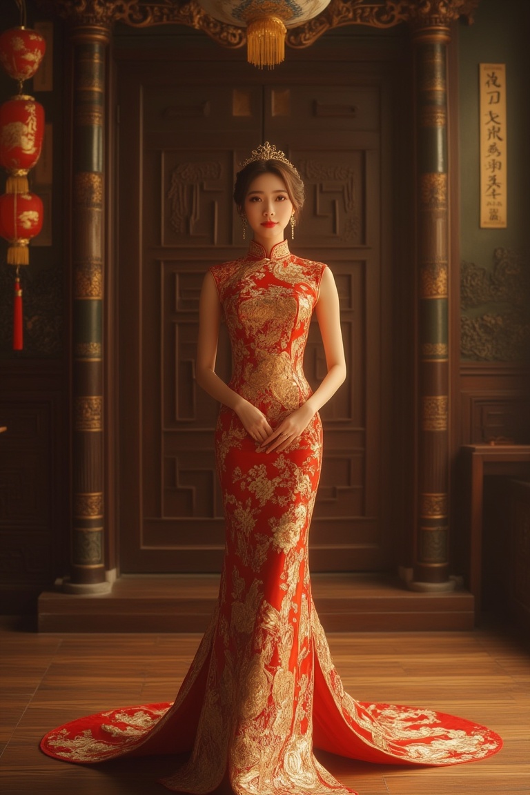 A regal princess wearing a luxurious cheongsam,  standing majestically in a grand palace hall with soft,  golden lighting....