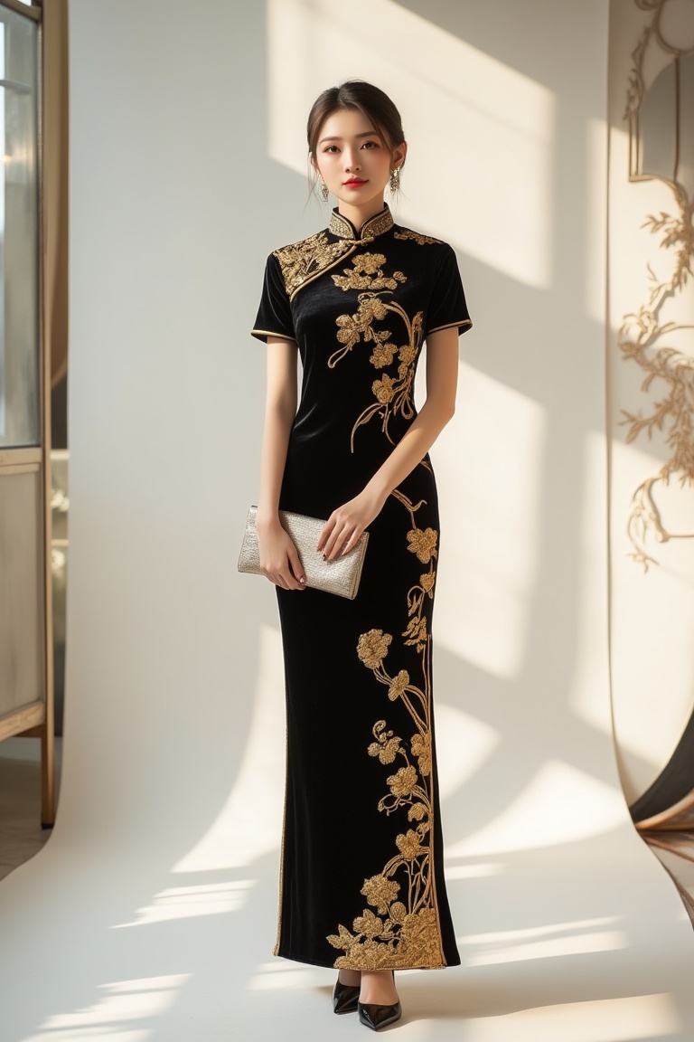 A stylish woman wearing a black and gold cheongsam,  standing confidently in a modern,  minimalist setting with soft on Te...