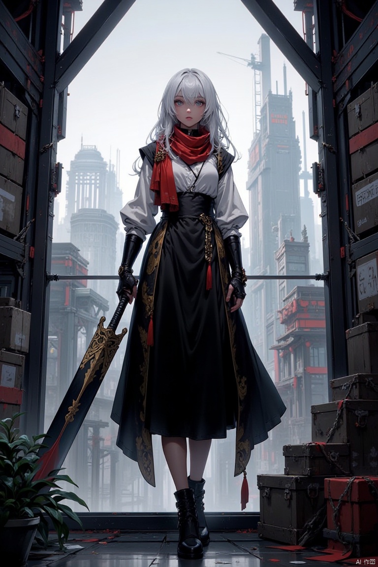 The image is a digital illustration of a young woman standing in a futuristic city. She is wearing a black and gold outfit...