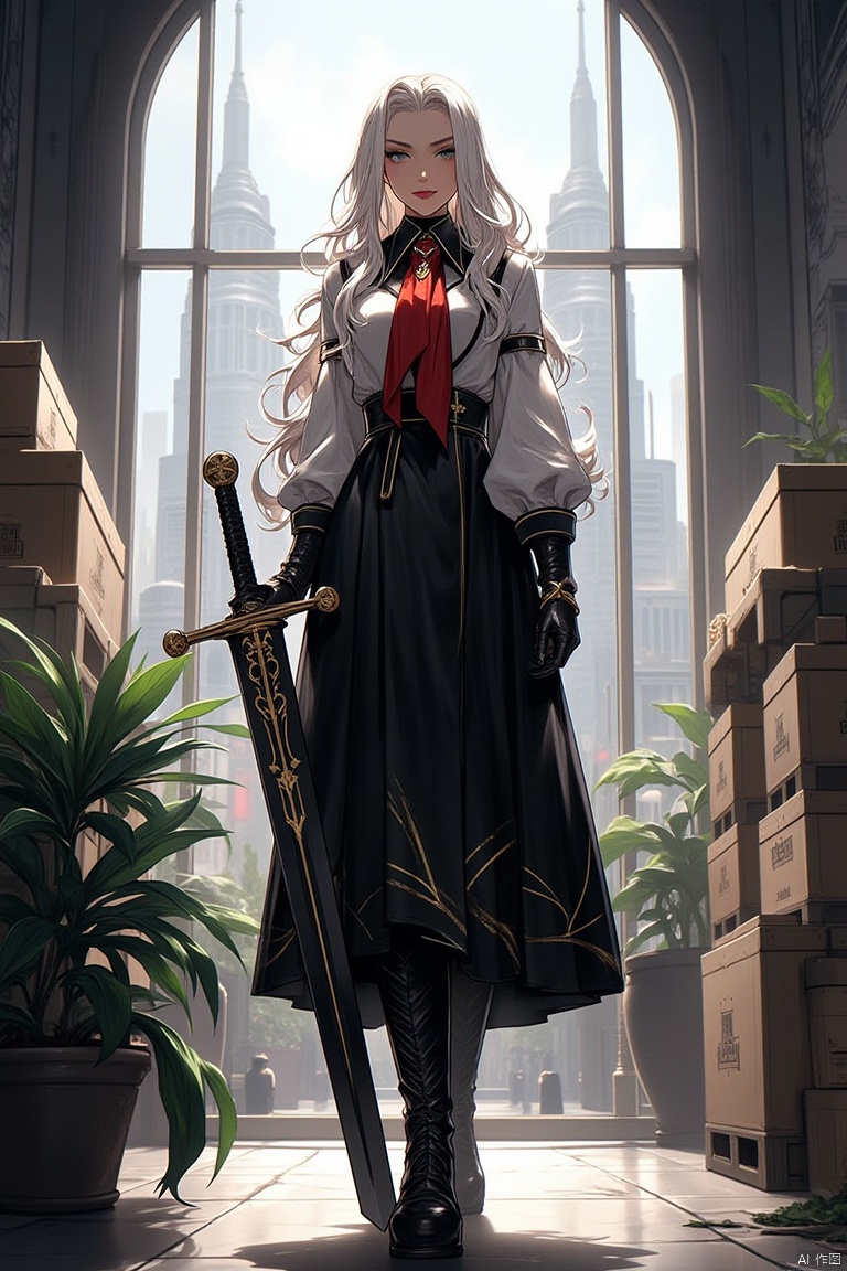 The image is a digital illustration of a young woman standing in a futuristic city. She is wearing a black and gold outfit...