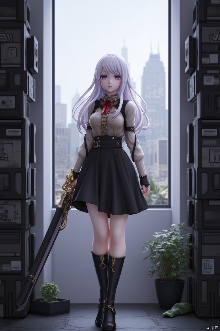 The image is a digital illustration of a young woman standing in a futuristic city. She is wearing a black and gold outfit...