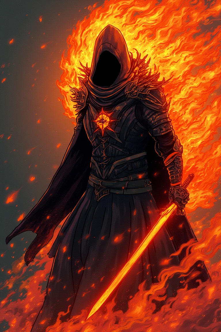 A cartoon drawing of Faceless entity wearing cloak,  fire spiral around him,  holding sword of flame on Tensor.Art
