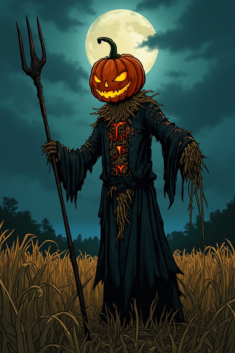 A cartoon drawing of A menacing pumpkin-headed scarecrow looms in a moonlit cornfield,  wielding a rusted pitchfork. Eerie...