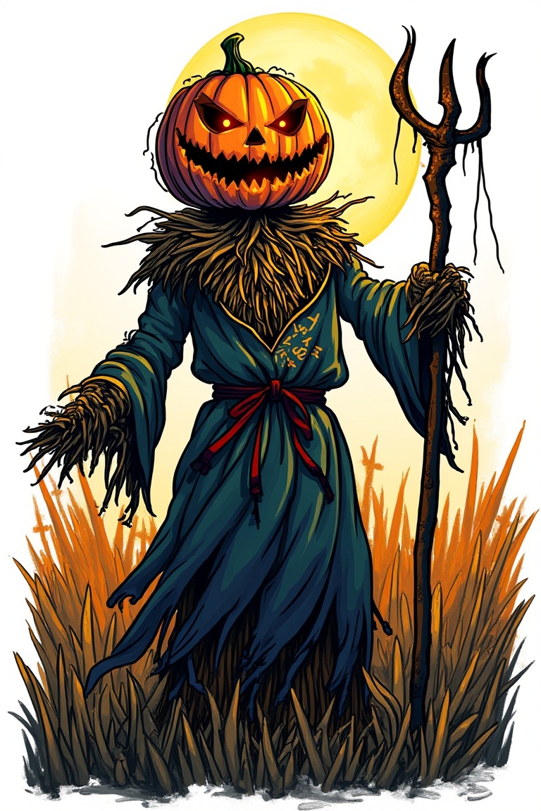 A cartoon drawing of A menacing pumpkin-headed scarecrow looms in a moonlit cornfield,  wielding a rusted pitchfork. Eerie...