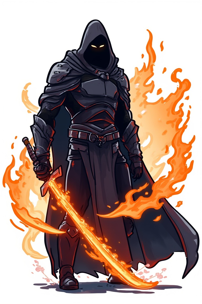 A cartoon drawing of Faceless entity wearing cloak,  fire spiral around him,  holding sword of flame on Tensor.Art