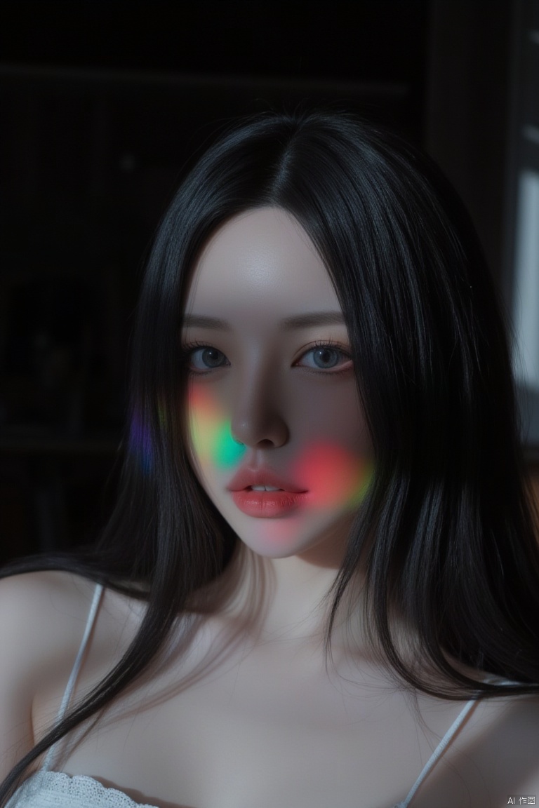 dark,caustics,colorful,gorgeous light and shadow,fullbody,The girl's pale skin,her lips are slightly open to reveal her teeth,and her blue eyes are blurry and dreamy.mott led light and shadow,portrait,black_hair,
